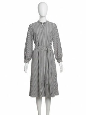 Calvin Klein Black and White Striped Midi Shirt Dress with Tie Waist